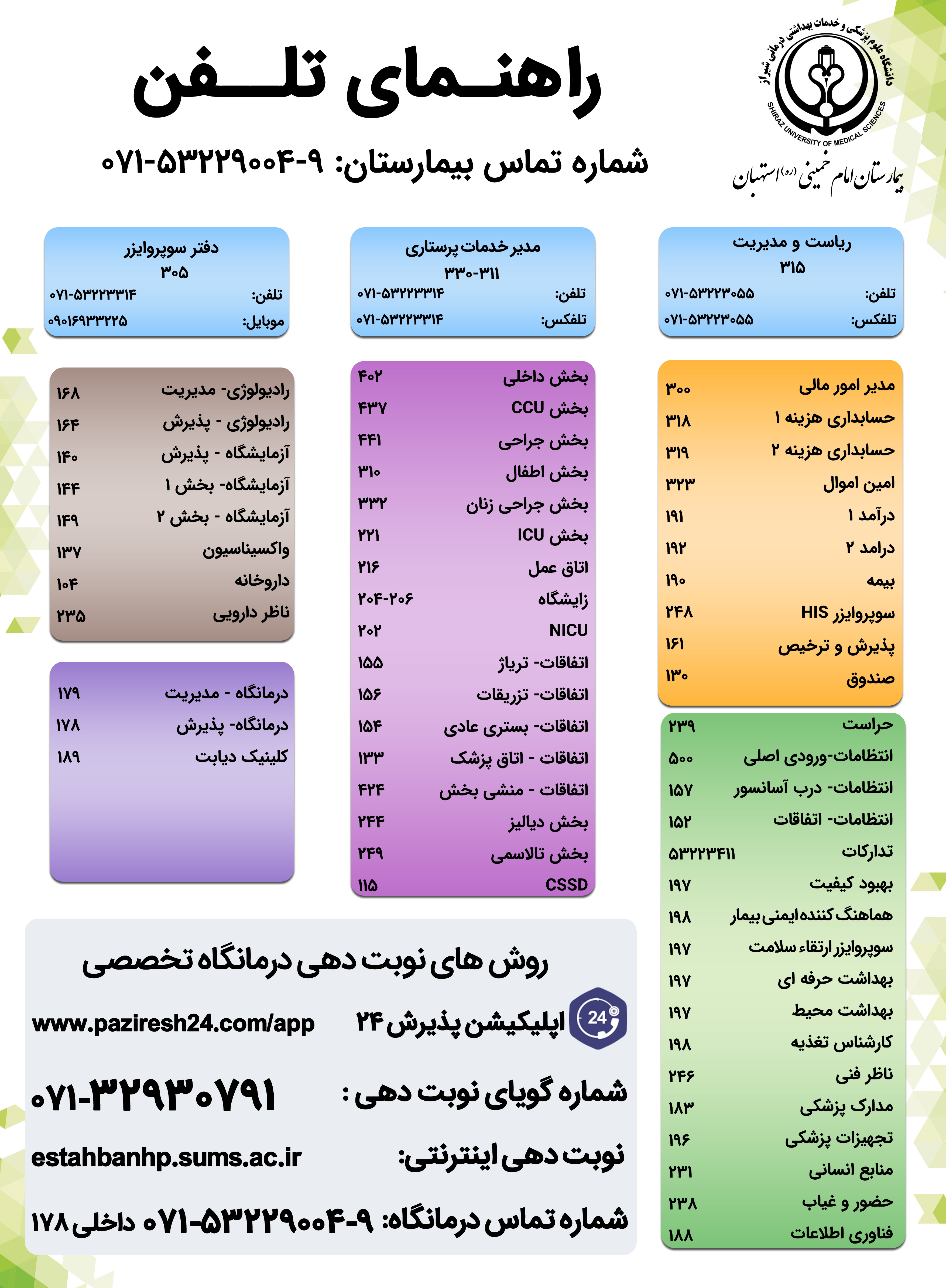 راهنمای تلفن های داخلی بیمارستان امام خمینی(ره) استهبان